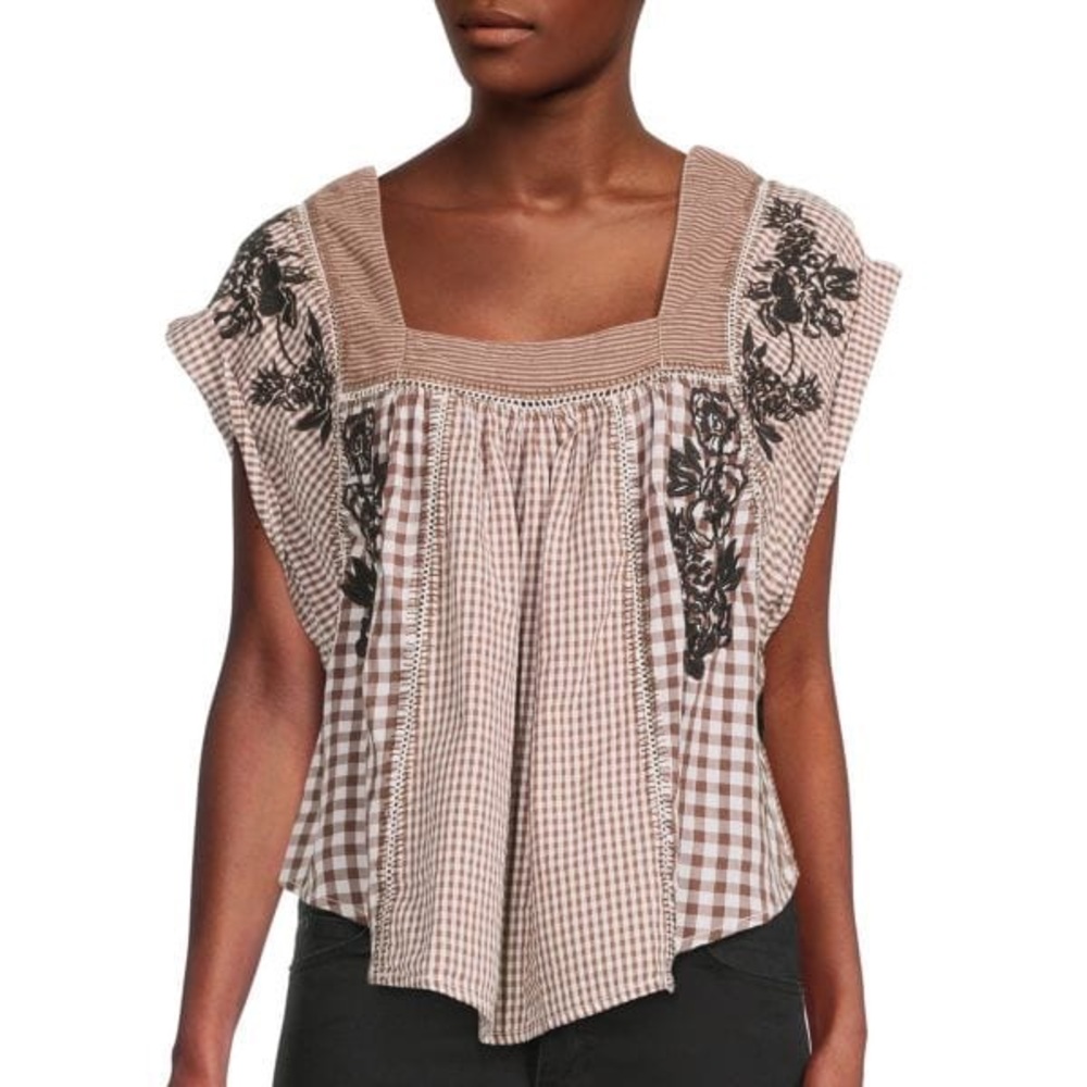 Free People Half Moon Gingham Print Top